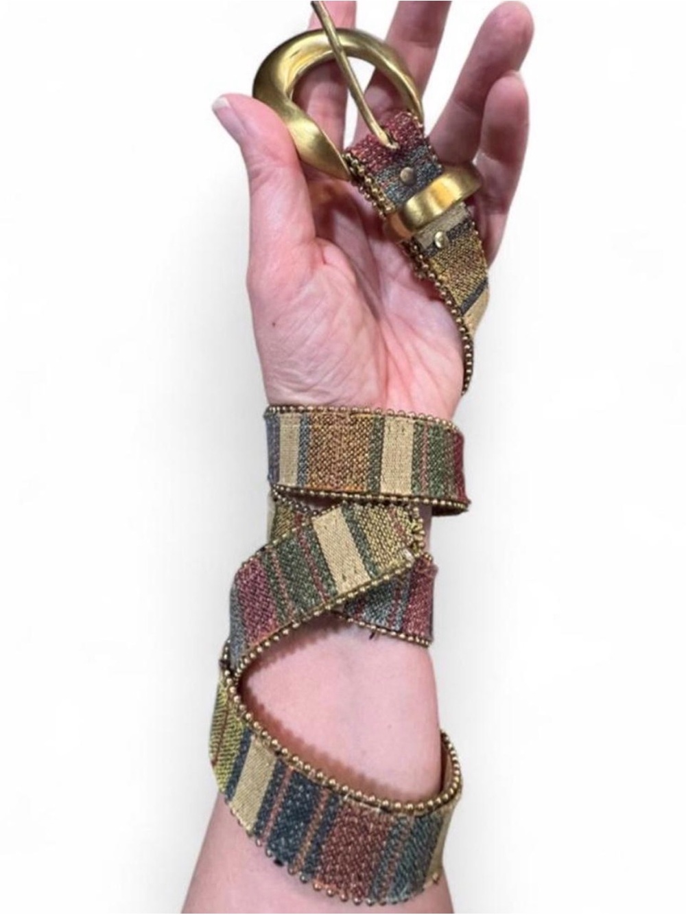 Vintage 1980 - 1990’s Motion East Multicolor Woven Belt with Gold Beads & Buckle